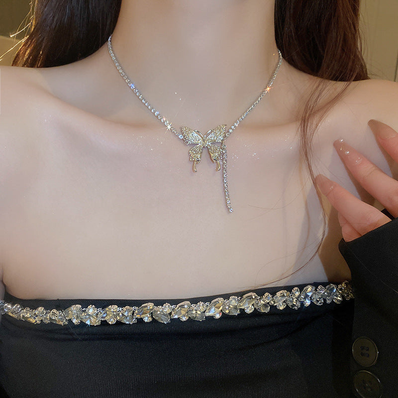 韓國超仙鑲鑽蝴蝶流蘇珍珠項鍊通勤百搭鎖骨鏈網紅輕奢高級感項飾