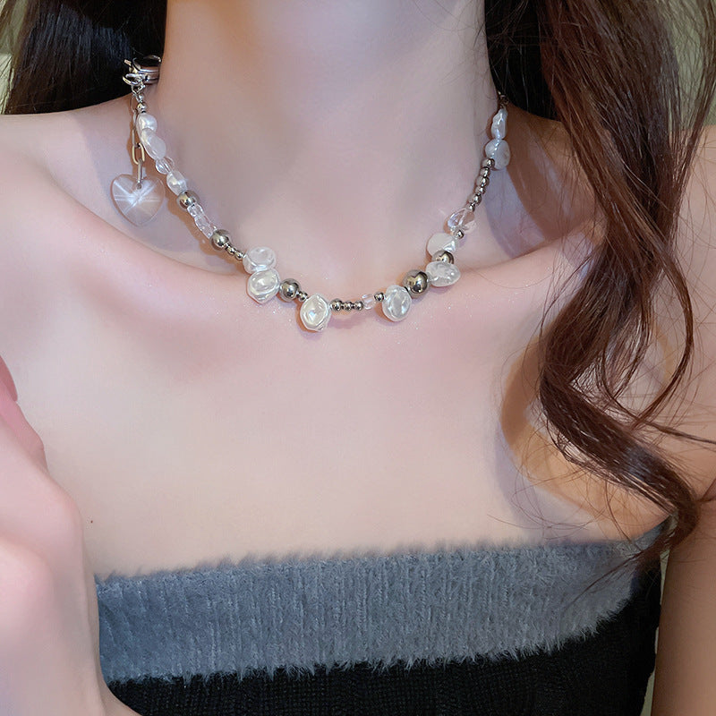 法式復古鑲鑽蝴蝶結愛心珍珠項鍊網紅時尚個性鎖骨鏈輕奢新款項飾