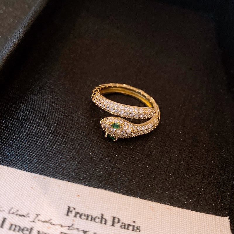 真金電鍍鋯石靈蛇開口戒指 中古vintage食指戒輕奢高級感手飾