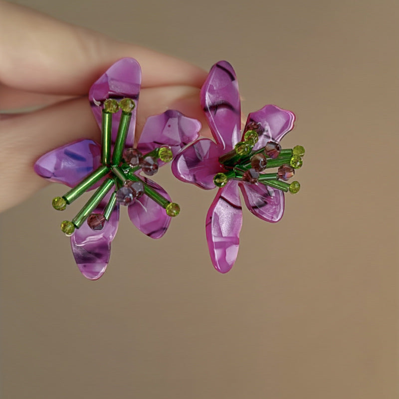 銀針高級感紫色水晶花朵蝴蝶流蘇耳環個性設計耳釘跨境時尚耳飾女