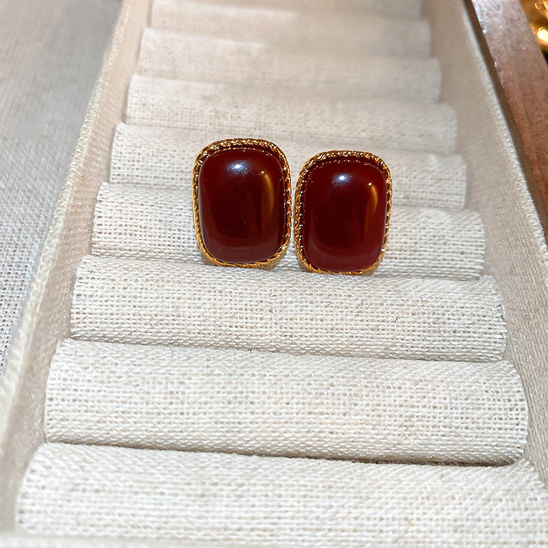 銀針安可拉紅色滴油幾何愛心草莓耳釘氣質甜美耳環復古高級感耳飾