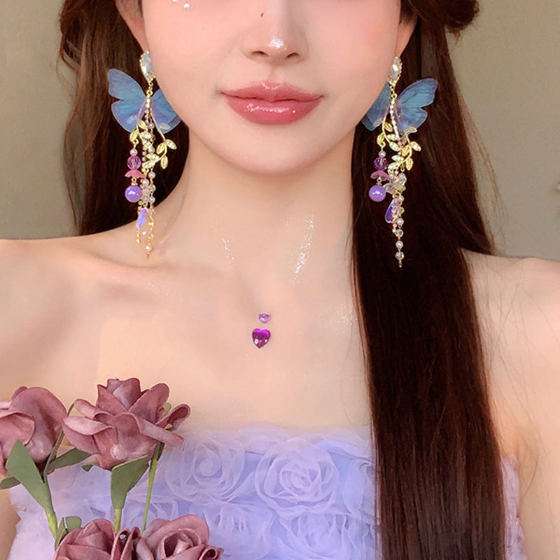銀針甜美花朵蝴蝶珍珠流蘇耳環時尚潮流耳釘氣質高級感耳飾女