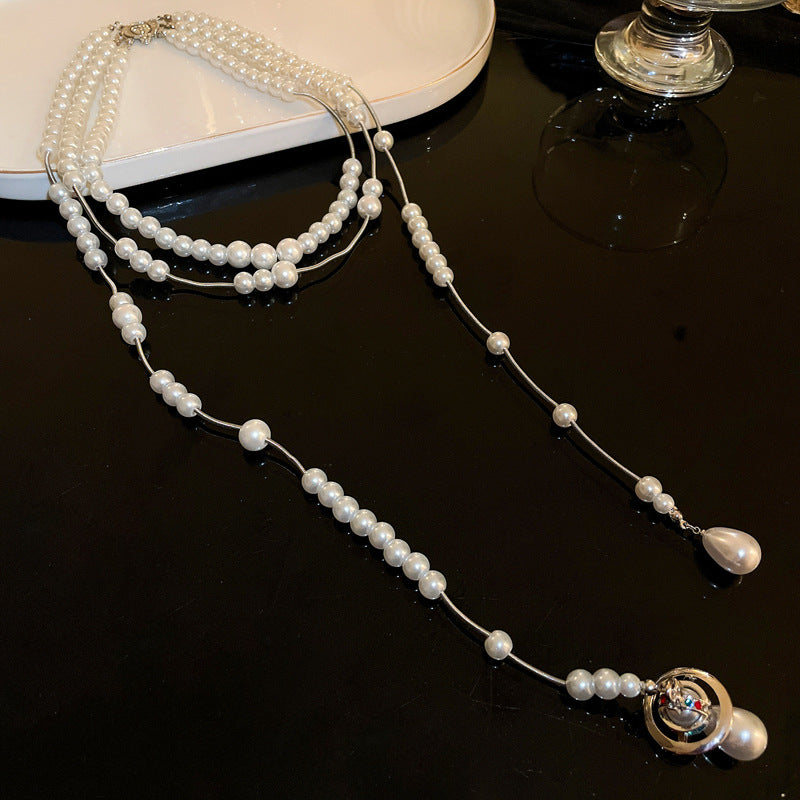 鋯石星球水滴珍珠多層項鍊小衆氣質時尚鎖骨鏈法式輕奢高級感項飾