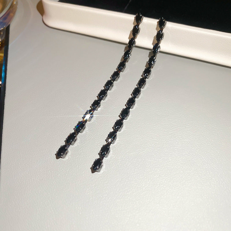 歐美黑色鑲鑽蝴蝶花朵流蘇耳環小衆氣質耳釘跨境高級感輕奢耳飾女