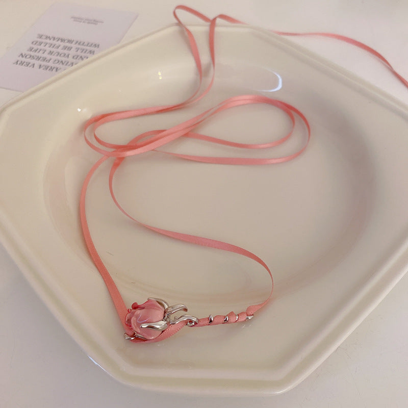 網紅氣質高級感布藝花朵項鍊小衆設計感頸鍊鎖骨鏈個性時尚項飾女