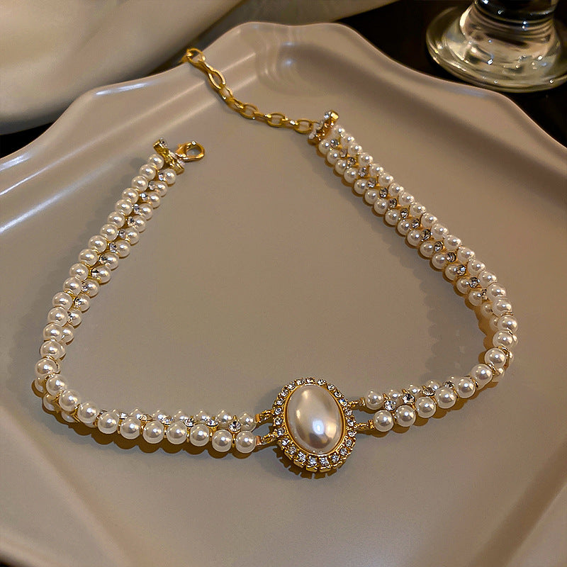 歐美鑲鑽珍珠橢圓雙層項鍊簡約設計感頸鍊時尚氣質項飾小衆設計感