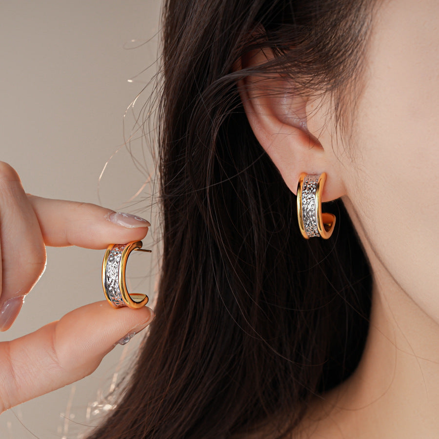 18k真金電鍍金銀雙色C形褶皺耳釘歐美復古簡約耳環輕奢高級感耳飾