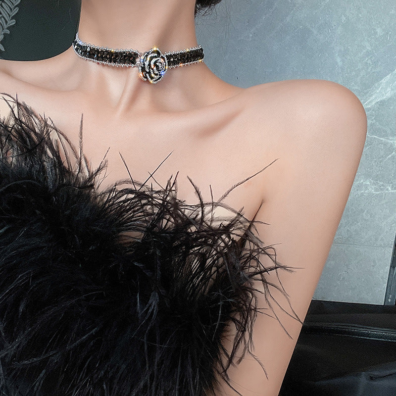 珍珠滴油花朵水晶項鍊歐美誇張設計感個性鎖骨鏈森系山茶花頸飾女