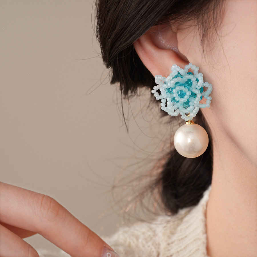 銀針小清新彩色米珠花朵珍珠耳環甜美百搭氣質耳釘輕奢高級感耳飾