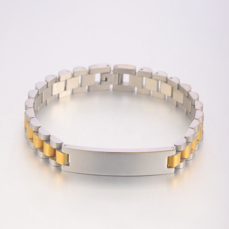跨境可調節鈦鋼男士彎牌手鍊可刻字不鏽鋼18K金錶帶手鍊女手飾品