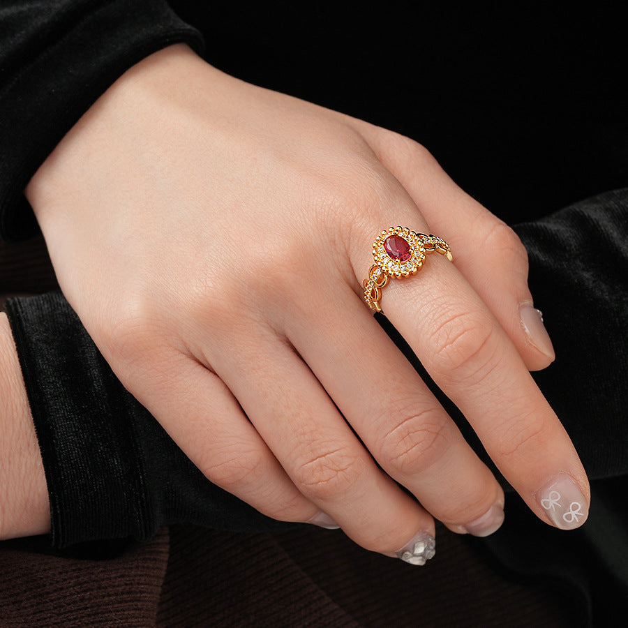 18k真金電鍍橢圓形鋯石開口戒指小衆宮廷風食指戒輕奢高級感手飾