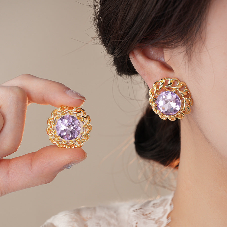 銀針歐美時尚鑲鑽鏈條圓形耳釘小衆復古氣質耳環輕奢高級感耳飾女