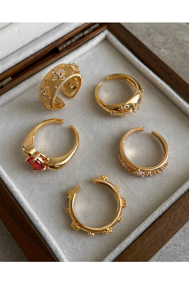 真金電鍍鋯石花朵波浪開口戒指輕奢高級感食指戒復古中古風手飾