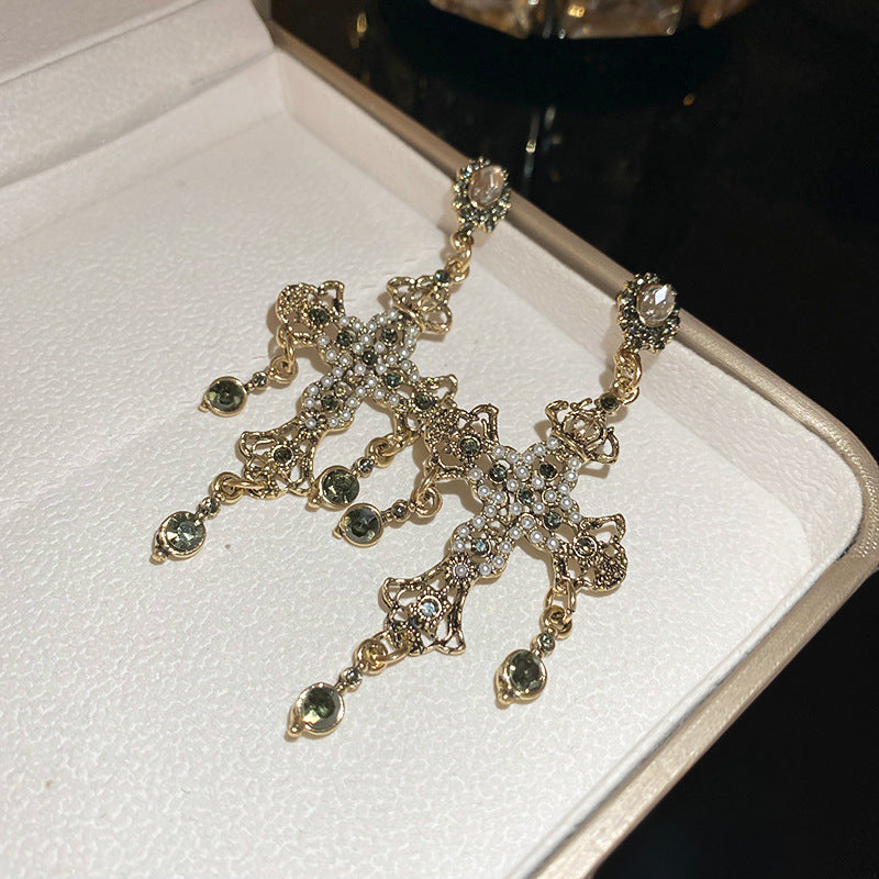 歐美黑色鑲鑽蝴蝶花朵流蘇耳環小衆氣質耳釘跨境高級感輕奢耳飾女
