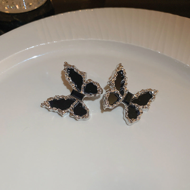 歐美黑色鑲鑽蝴蝶花朵流蘇耳環小衆氣質耳釘跨境高級感輕奢耳飾女