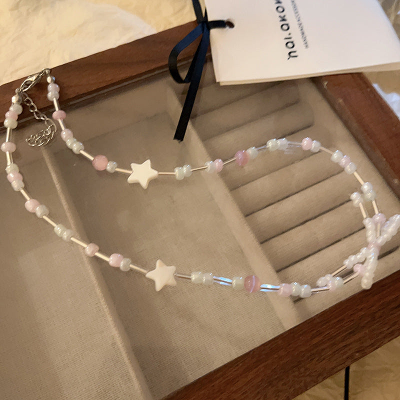 波西米亞彩色米珠珍珠貓咪愛心項鍊甜美小衆鎖骨鏈度假風超仙項飾