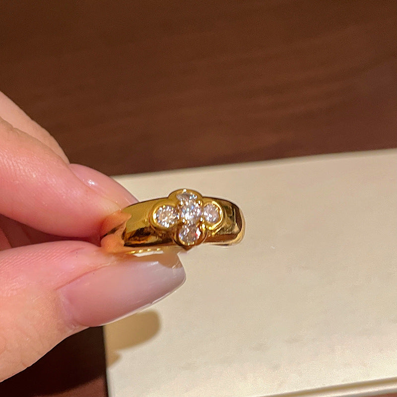 真金電鍍鋯石花朵開口戒指小衆簡約精緻食指戒輕奢高級感手飾