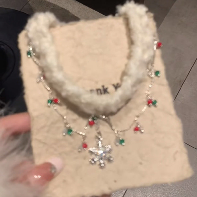 歐美輕奢鑲鑽珍珠聖誕樹雪花流蘇項鍊小衆鎖骨鏈時尚高級感項飾女