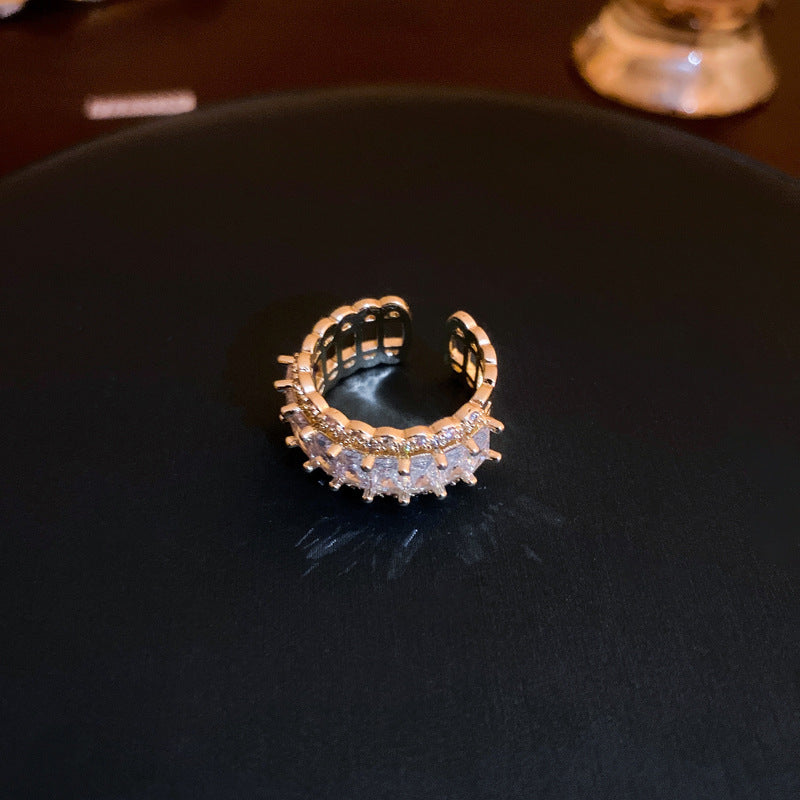 真金電鍍歐美時尚鋯石方形開口戒指簡約百搭食指戒氣質輕奢手飾女