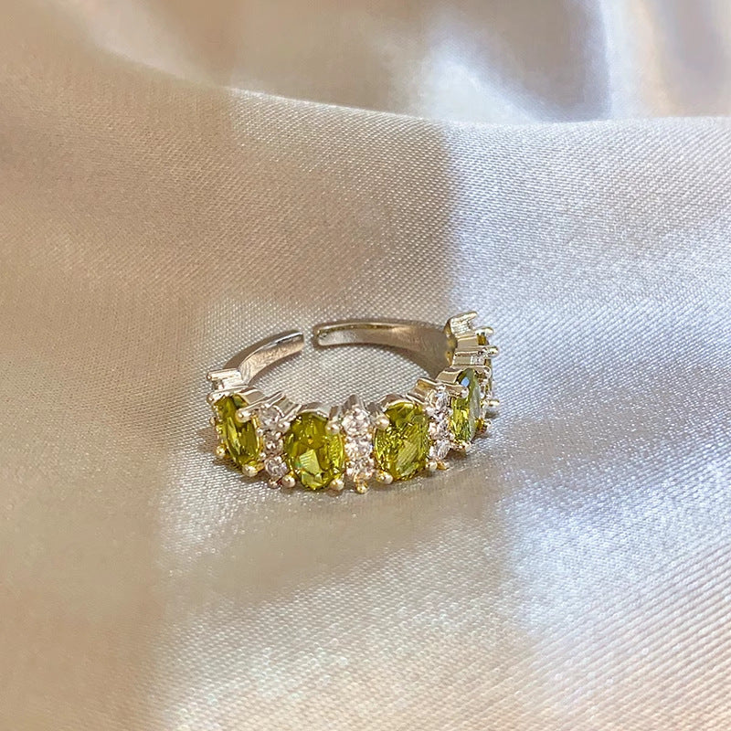 小衆復古橢圓橄欖綠鋯石開口戒指輕奢高級感食指戒氣質百搭手飾女