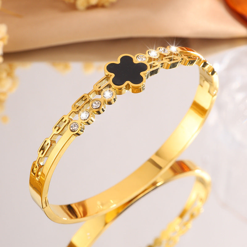 新品熱賣五葉花點鑽不鏽鋼手鐲女跨境高級感韓版輕奢手環飾品