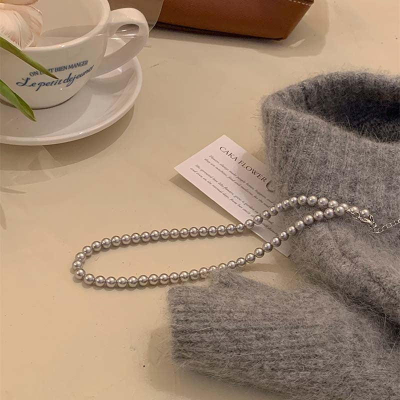 法式氣質灰色珍珠項鍊小衆簡約設計感鎖骨鏈輕奢高級感項飾女