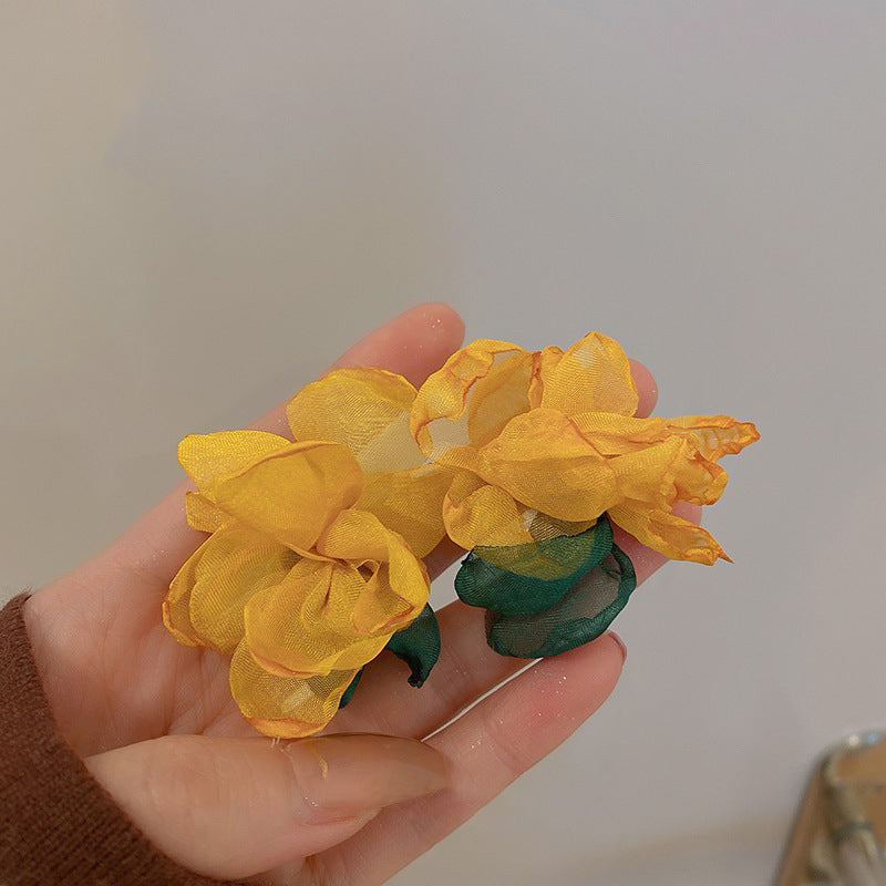 超仙甜美黃色布藝花朵流蘇珍珠耳環小清新耳釘輕奢高級感耳飾女