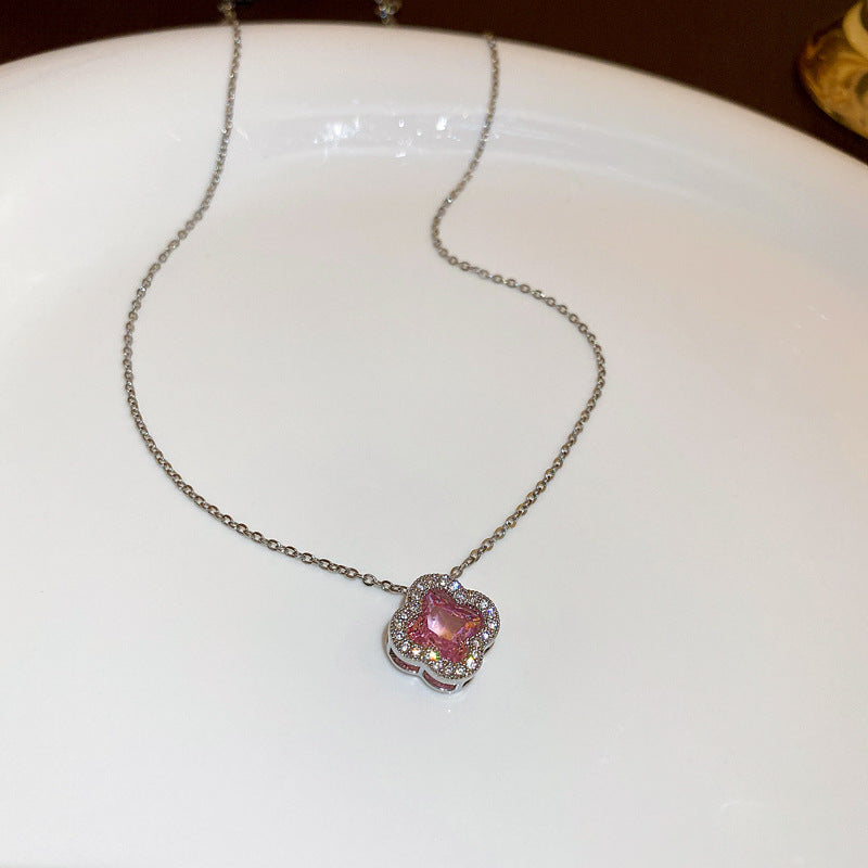 網紅粉色甜美氣質鋯石花朵項鍊韓國小衆百搭鎖骨鏈時尚輕奢項飾女