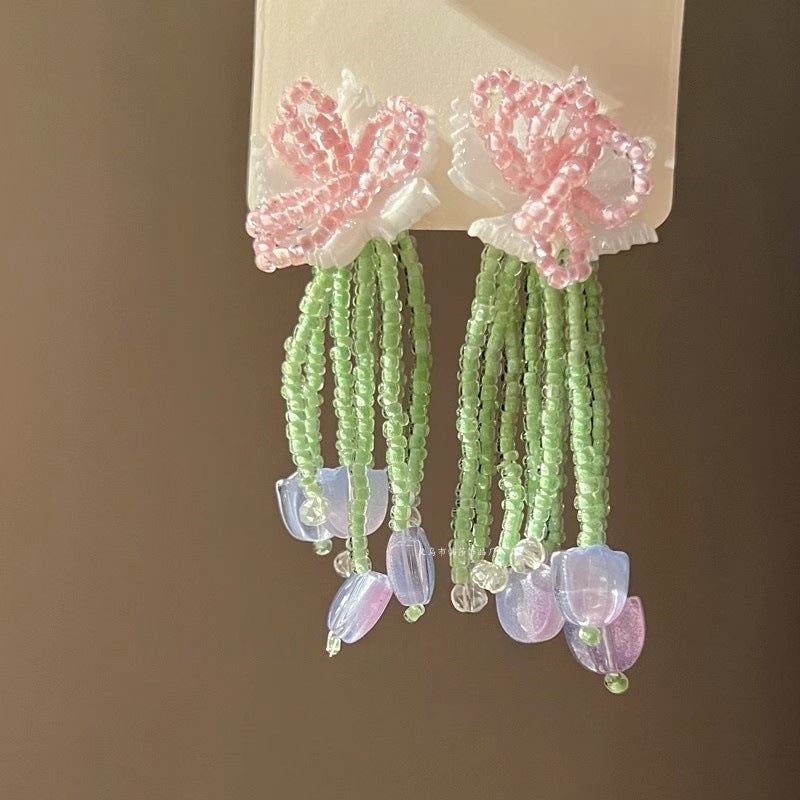 波西米亞超仙花朵流蘇耳環女早春時尚百搭耳釘輕奢高級感耳飾