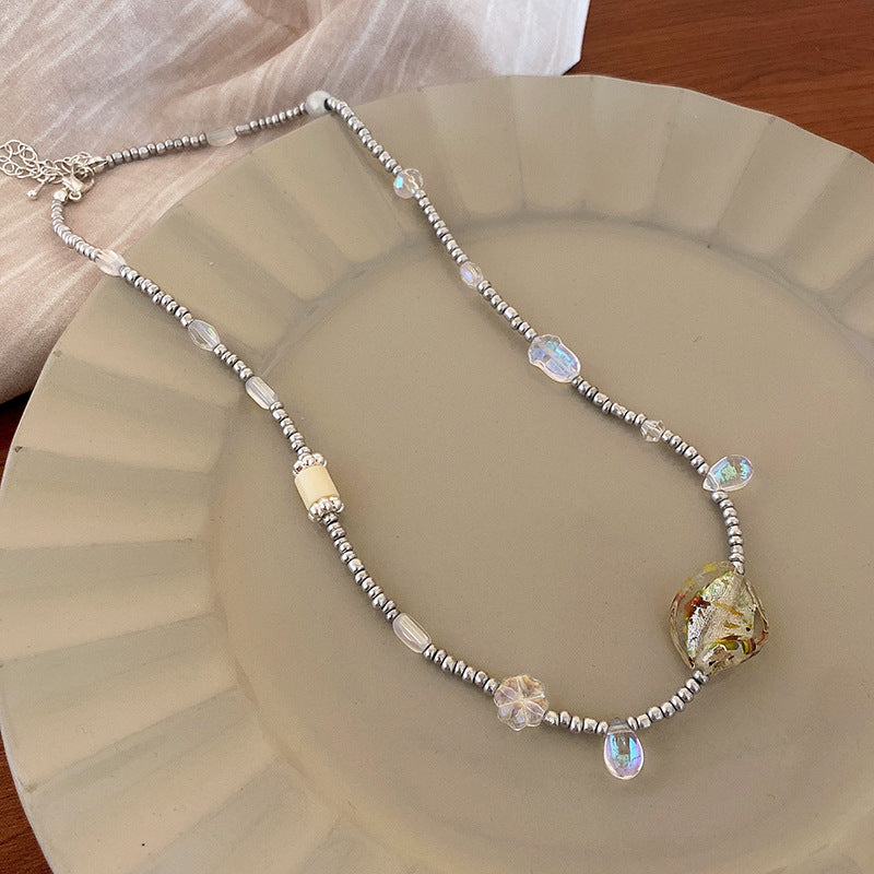 波西米亞彩色人造玉石款花朵串珠項鍊氣質鎖骨鏈小清新甜美項飾女
