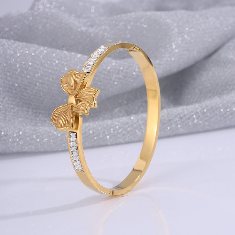 歐美新款時尚鈦鋼手鐲高級感不鏽鋼蝴蝶結鑲鑽手鐲百搭不掉色飾品