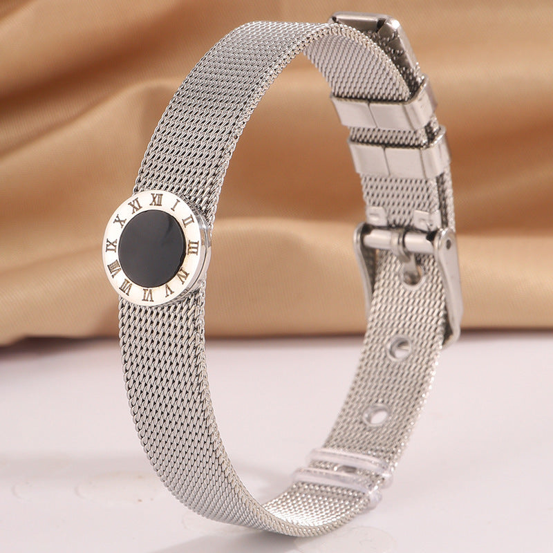 歐美時尚羅馬黑色錶帶式鈦鋼手鐲氣質女高版本不掉色手環手鐲飾品