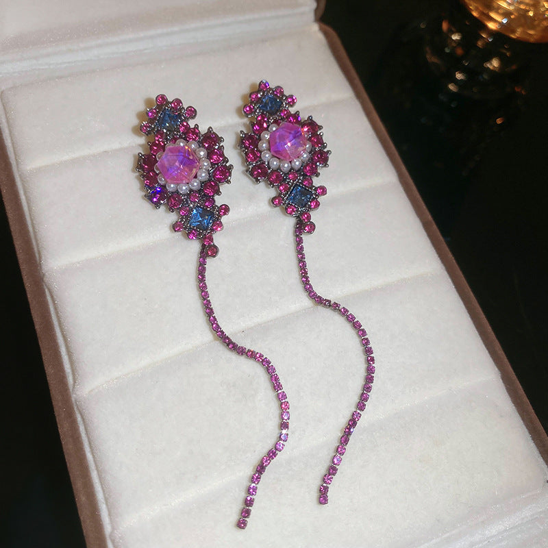 銀針高級感紫色水晶花朵蝴蝶流蘇耳環個性設計耳釘跨境時尚耳飾女