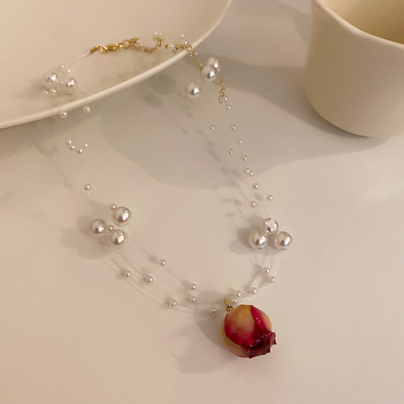 法式復古永生花朵多層珍珠項鍊韓國時尚設計鎖骨鏈新款氣質項飾女