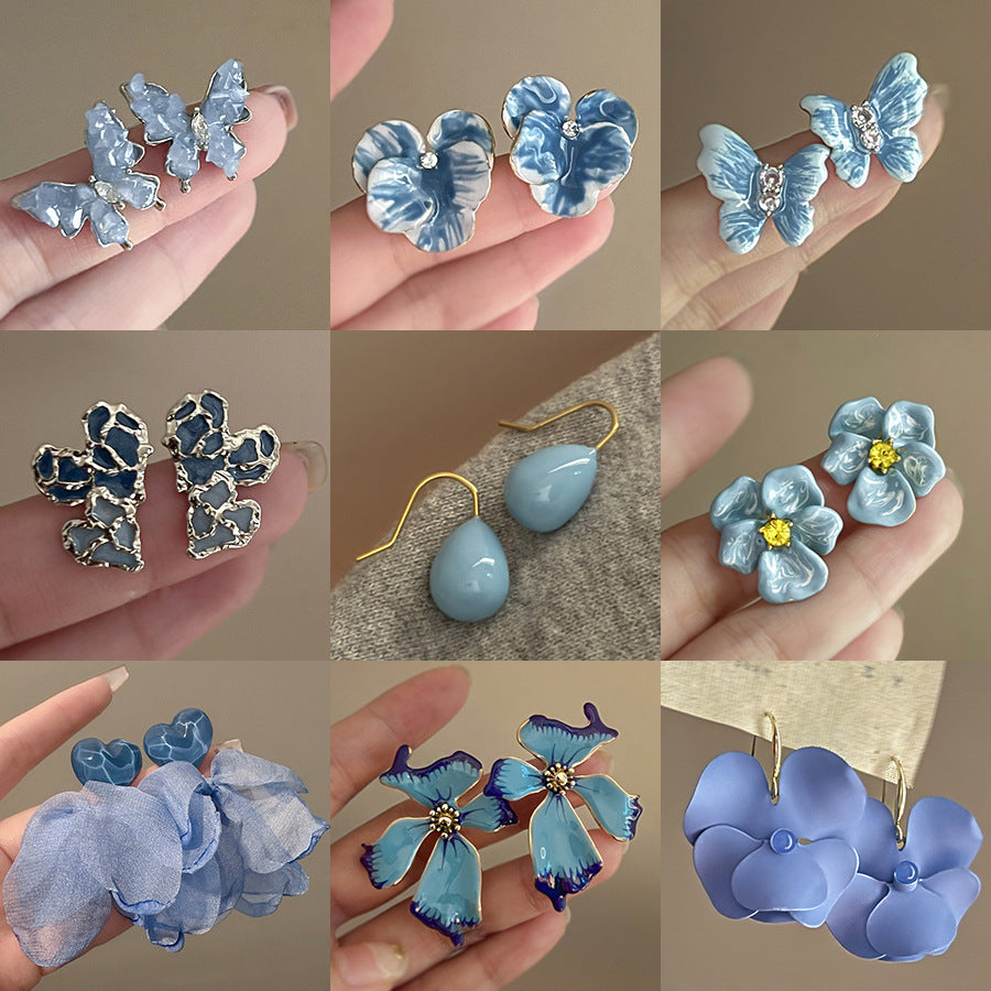 銀針霧霾藍色漸變滴油花朵蝴蝶愛心耳環氣質耳釘秋冬高級感耳飾