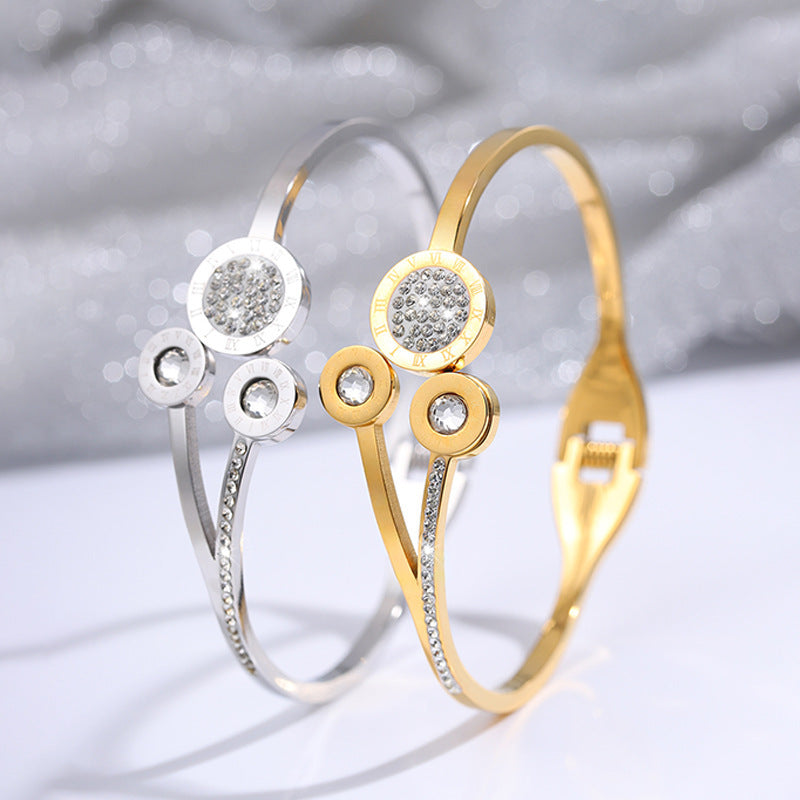 跨境歐美復古羅馬文鑲鑽不鏽鋼手鐲新款個性潮流鈦鋼女高級感飾品