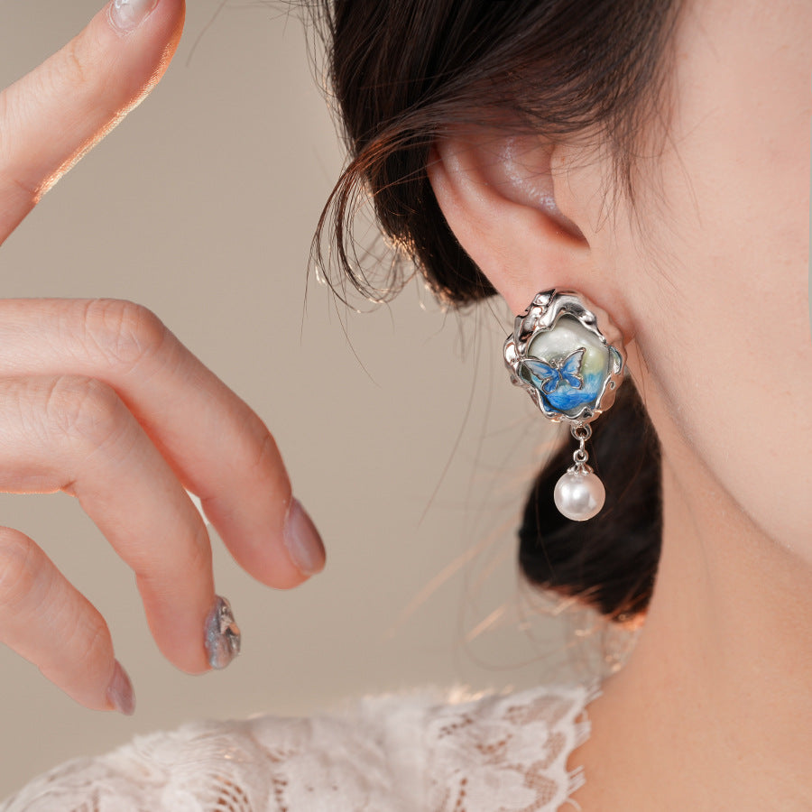 銀針藍色鑲鑽滴油蝴蝶珍珠耳環法式復古油畫風耳釘輕奢高級感耳飾