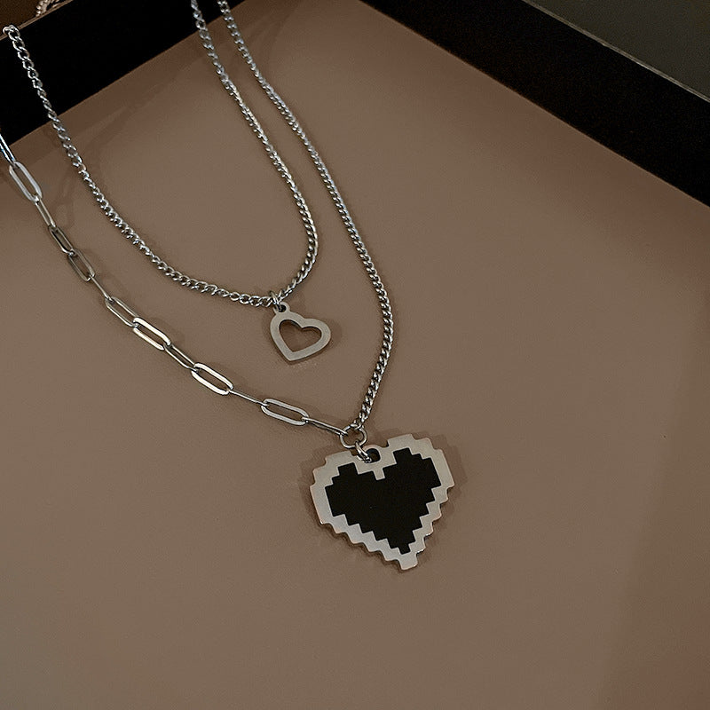 鈦鋼滴油愛心像素項鍊韓國嘻哈少女可愛鎖骨鏈秋冬一款兩戴毛衣鏈
