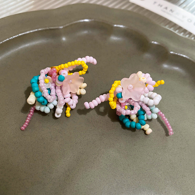 超仙甜美黃色布藝花朵流蘇珍珠耳環小清新耳釘輕奢高級感耳飾女