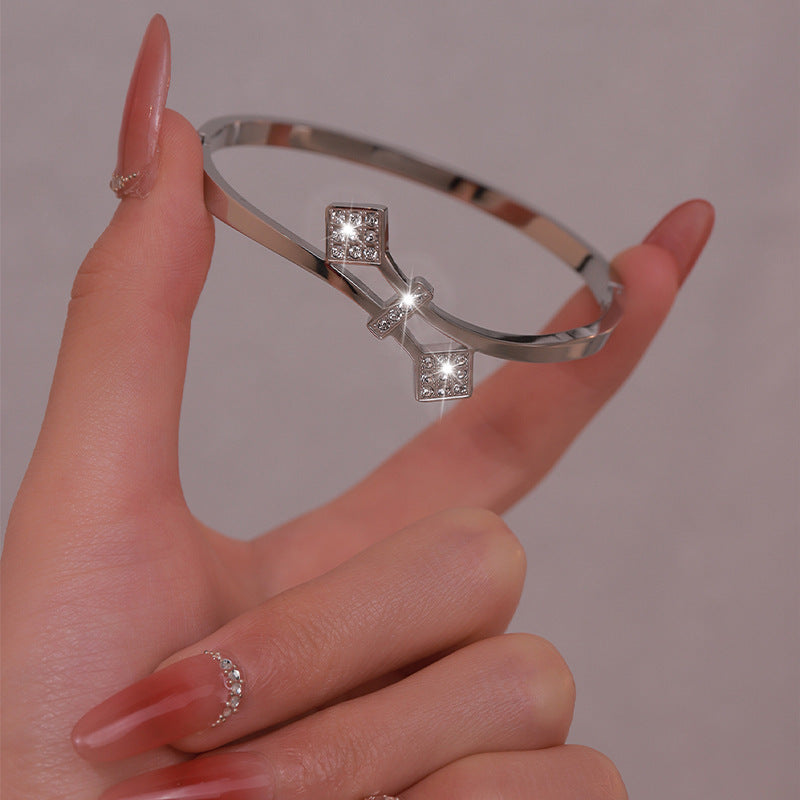 鈦鋼手鐲個性華夫格不掉色可洗澡鑲鑽開口高級感情侶不鏽鋼手鐲