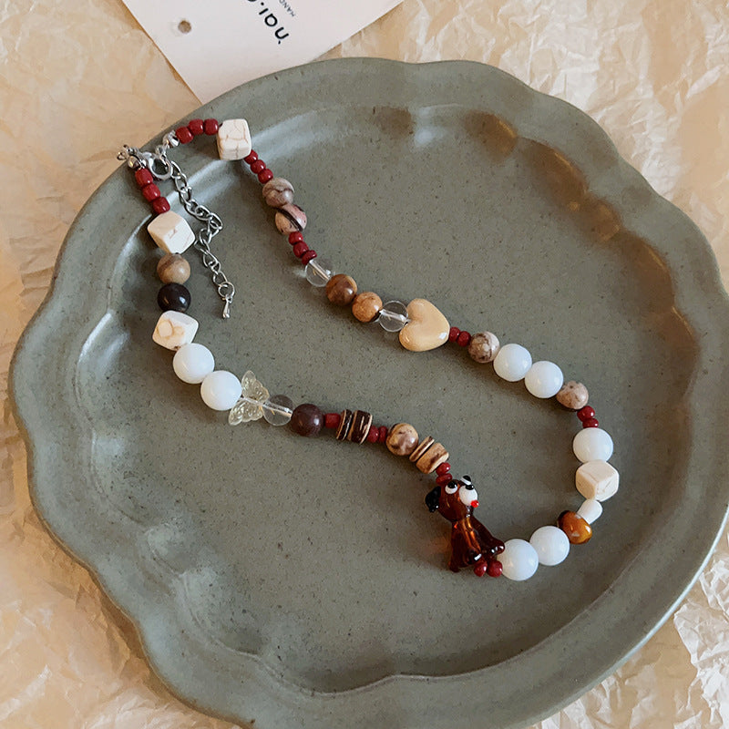 多巴胺彩色蝴蝶結愛心草莓珍珠項鍊個性設計感鎖骨鏈甜酷風項飾女