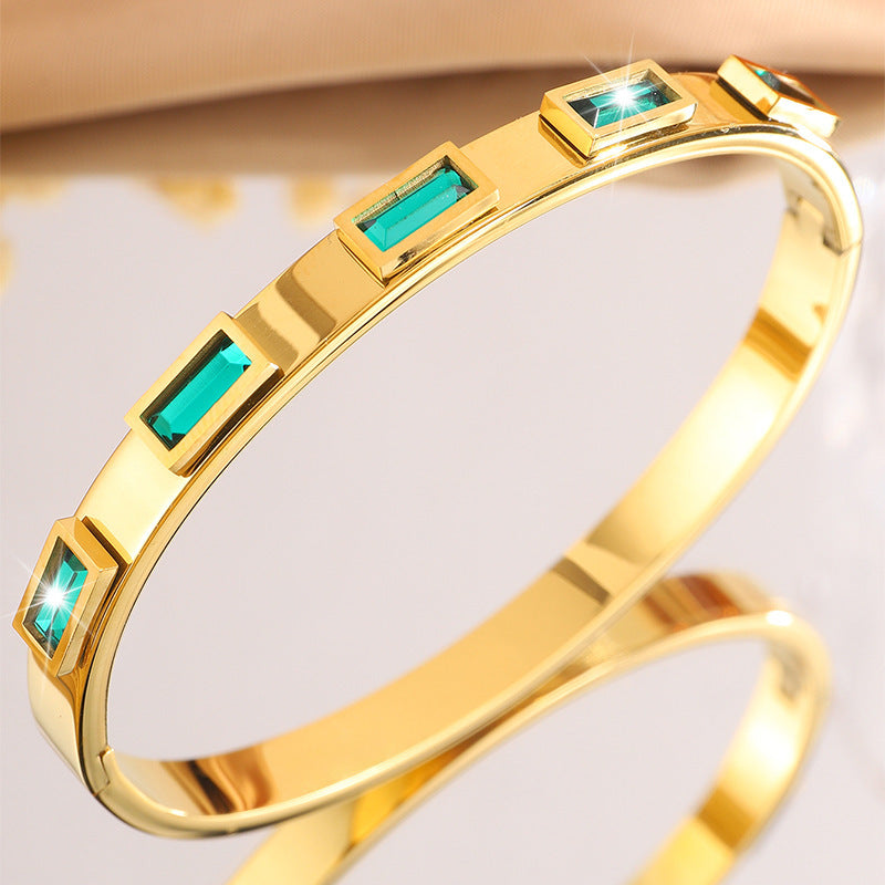 歐美時尚方形祖母綠開口鈦鋼手鐲女高版本設計百搭不掉色手鐲飾品