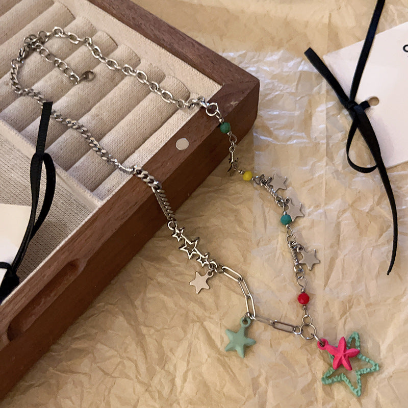 粉色愛心五角星字母珍珠項鍊小衆個性鎖骨鏈少女甜酷風項飾