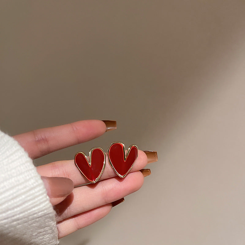 銀針安可拉紅色滴油幾何愛心草莓耳釘氣質甜美耳環復古高級感耳飾