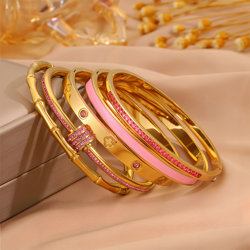 跨境不鏽鋼滴油鑲鑽手鐲女生高級感百搭鈦鋼手鐲不掉色粉金鑽套裝