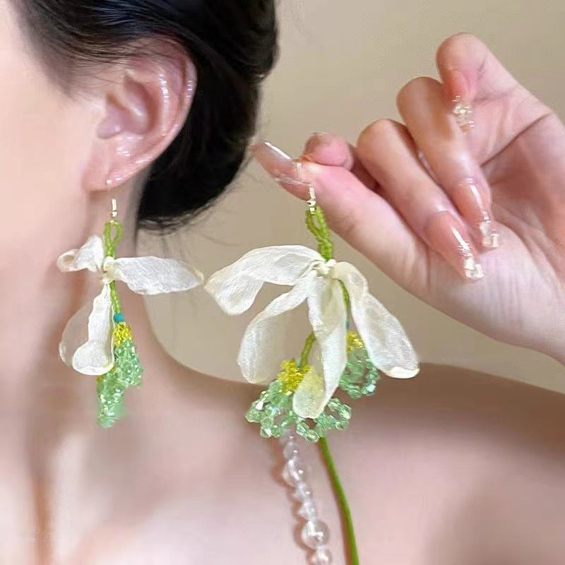 波西米亞超仙花朵流蘇耳環女早春時尚百搭耳釘輕奢高級感耳飾