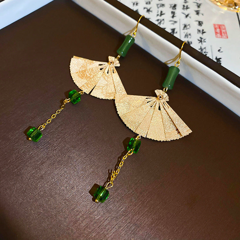 銀針新中式黑色系竹子花朵珍珠流蘇耳環氣質百搭耳釘高級感耳飾女