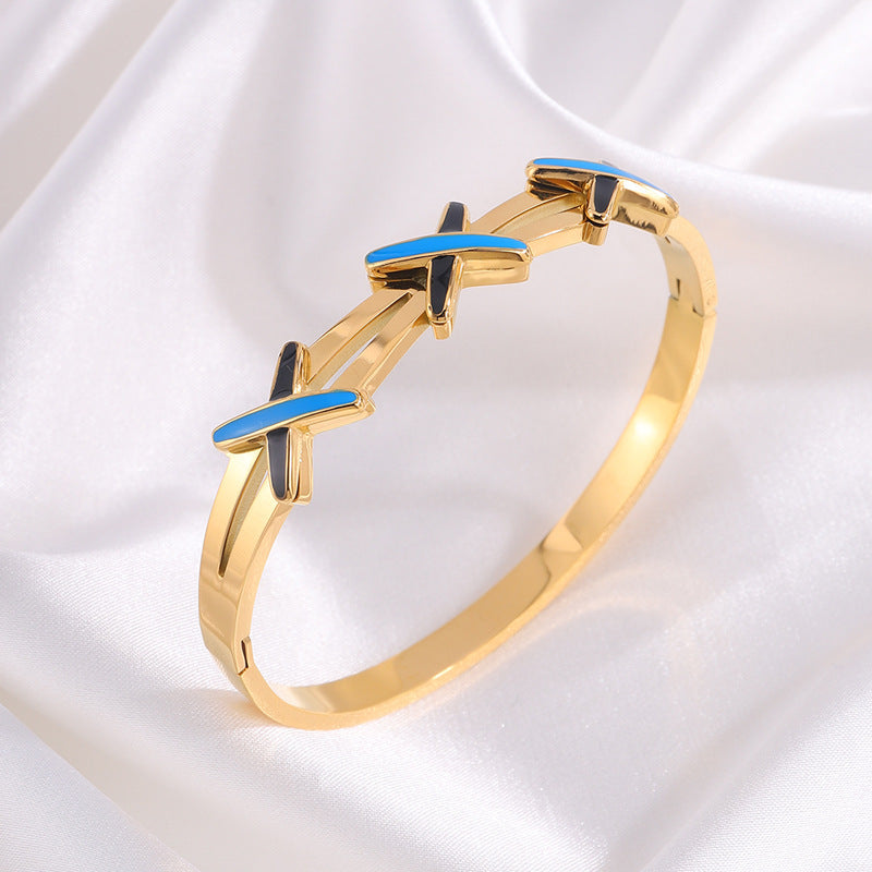 新款X滴油琺琅手鐲女高級真金電鍍可洗澡歐美跨境氣質鈦鋼手鐲