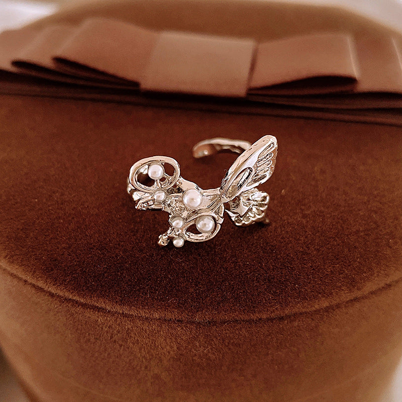 真金電鍍滴油花朵珍珠開口戒指個性設計感食指戒時尚輕奢氣質手飾