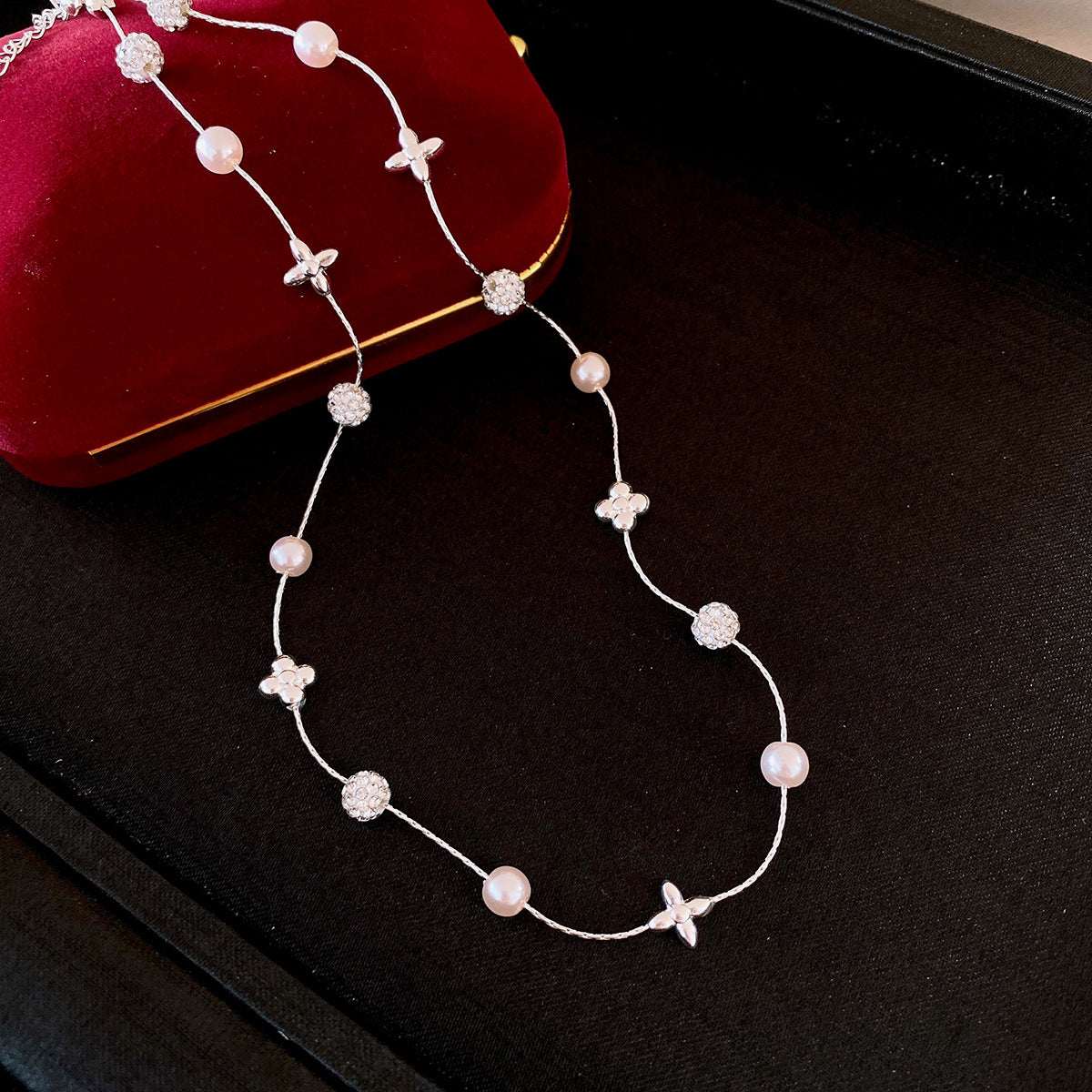 法式簡約鑲鑽圓球珍珠項鍊輕奢高級感鎖骨鏈精緻設計感小衆項飾女